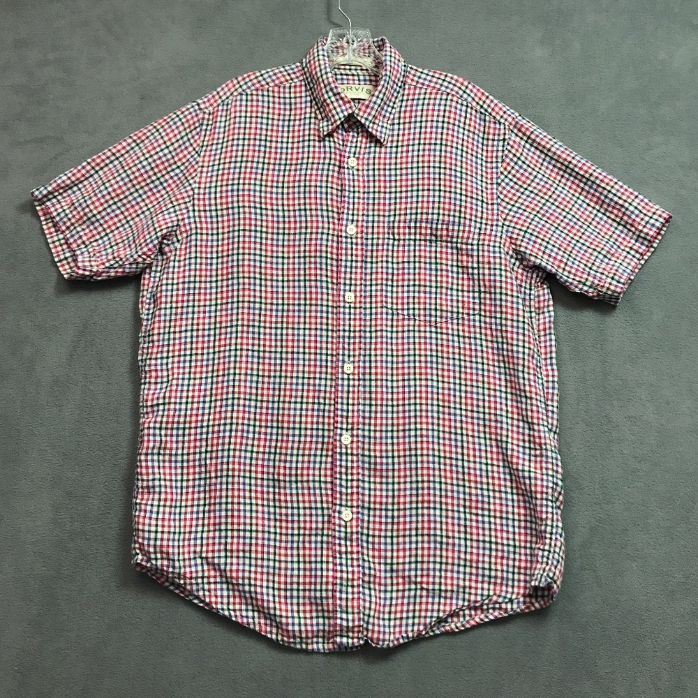Orvis Shirt 100% Linen Mens Medium Short Sleeve Plaid Check